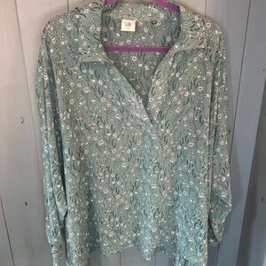 CAbi Chase Over-Sized Teal Floral Long Sleeve Blouse | Women’s Size XL